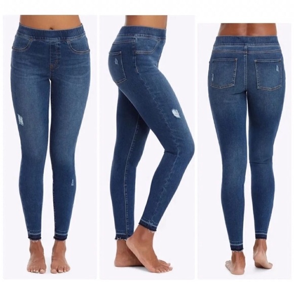 Women's Spanx Distressed Skinny Jeans Dark Wash Raw Hem Ankle Length Size XL - Picture 1 of 13